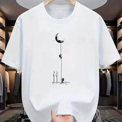 Summer Men's 100% Pure Cotton Casual Loose Fit Plus Size Moon Landing Pattern Printed Round Neck Short Sleeved T-shirt Top