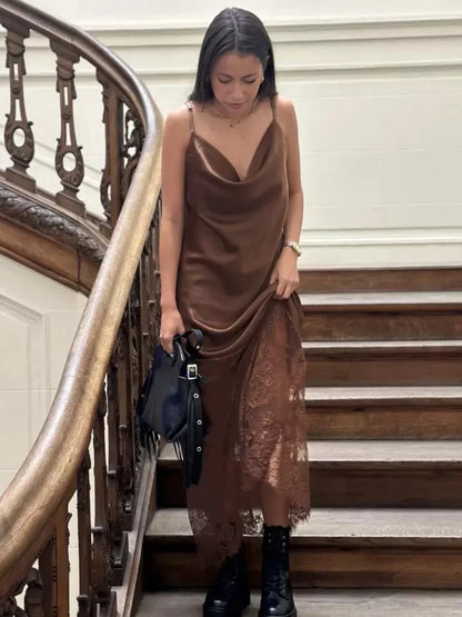 Trendix Hollow Out Lace Dress Women 2025 Winter Sexy V Neck Sleeveless Spaghetti Strap Dresses Party Club Elegant Evening Dress
