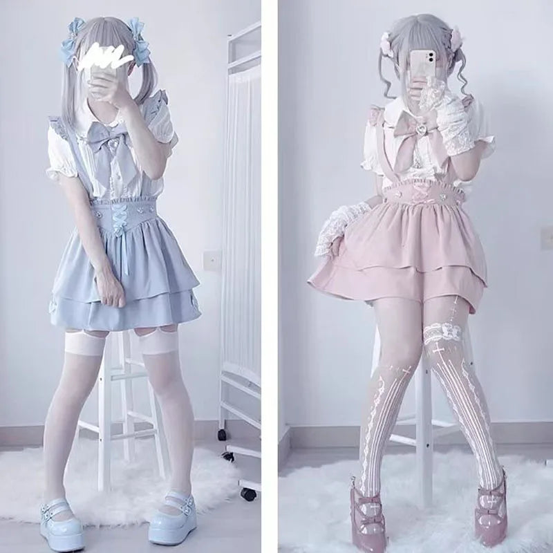 Japanese Sweet Lolita Ruffles Bow Short Suspender Skirt Girls Gothic Plaid Bandage Party Mini Skirts Y2k Casual A-Line Skirts