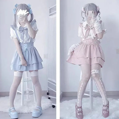 Japanese Sweet Lolita Ruffles Bow Short Suspender Skirt Girls Gothic Plaid Bandage Party Mini Skirts Y2k Casual A-Line Skirts
