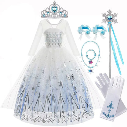 Elsa Princess Dress For Girl White Printed Long-Sleeved Lace Dress Festive Party Gift Set Frozen Dress Fire Spirit Olaf