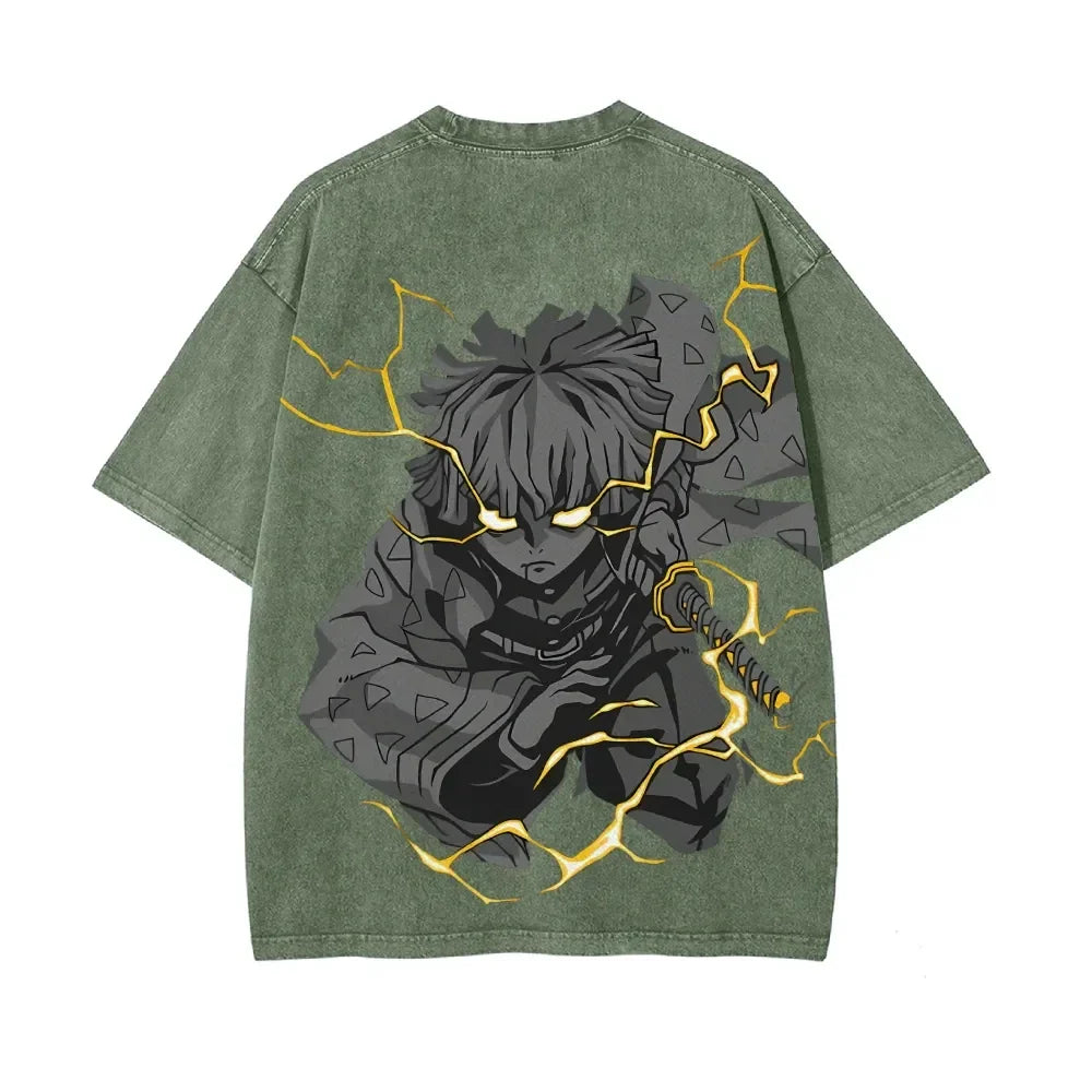 Demon Slayer Men's Women's Washed T-Shirt Zenitsu Agatsuma Summer Spring Anime Tee Retro Distressed High Quality Short Sleeve