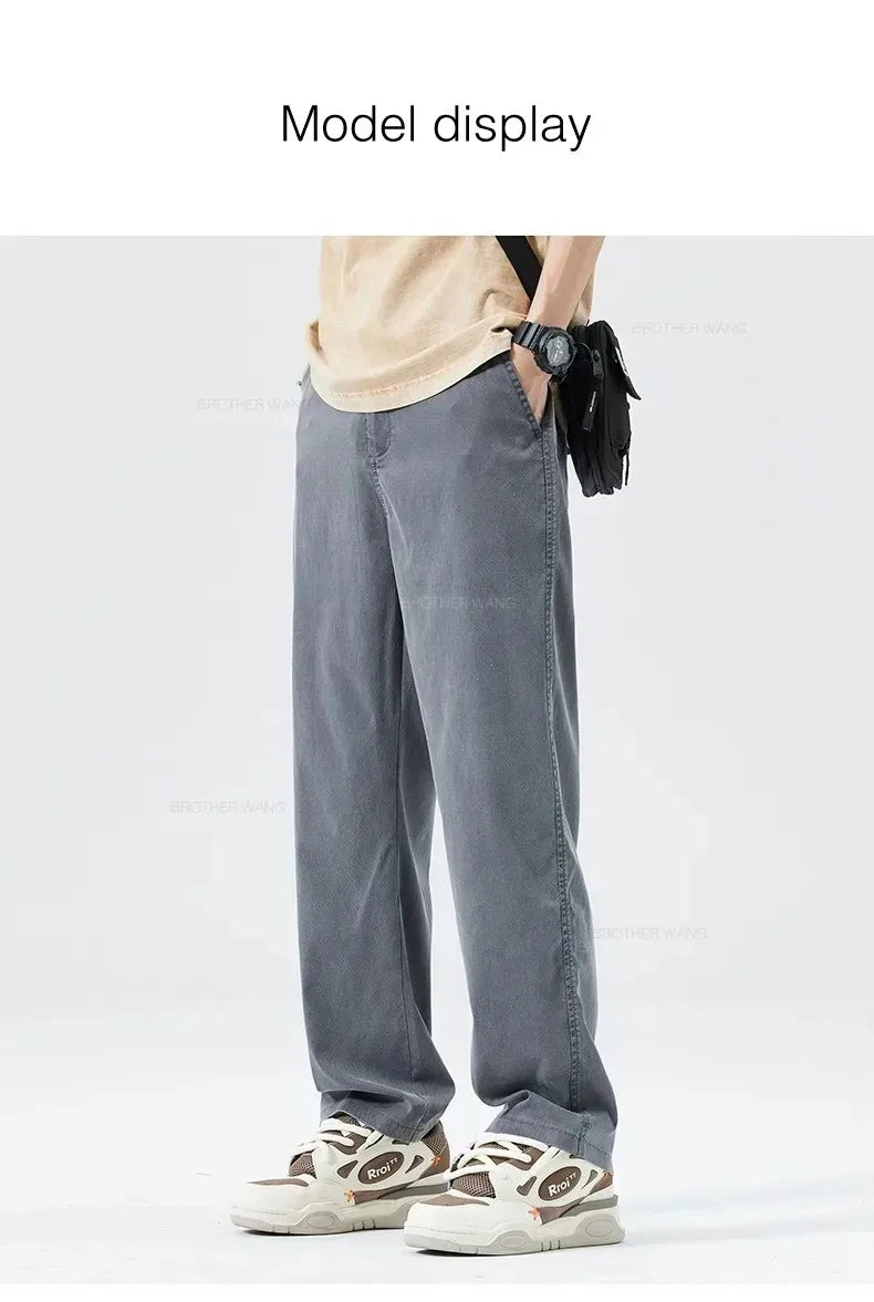Ultra Thin Baggy Jeans Men's Summer New in Lyocell Soft Breathable Straight Trousers Elastic Waist Casual Blue Gray Wide Pants