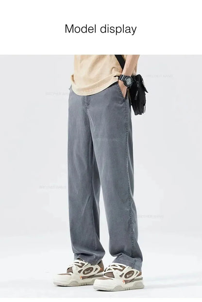 Ultra Thin Baggy Jeans Men's Summer New in Lyocell Soft Breathable Straight Trousers Elastic Waist Casual Blue Gray Wide Pants