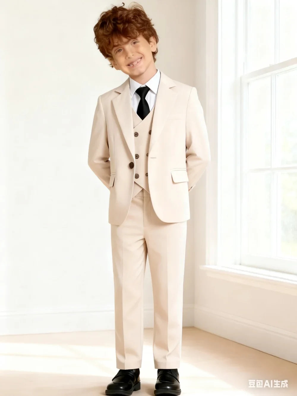 Kids Beige Gentleman Formal Suit Set New British Style Children's Christmas New Year Performance Party Wedding Costume