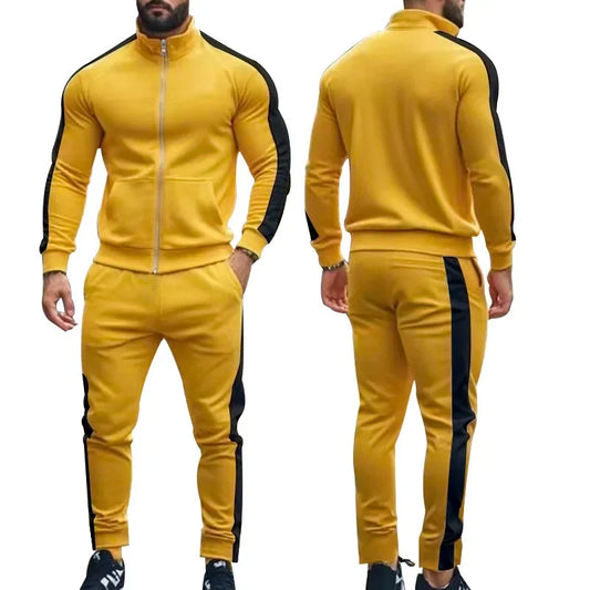 2025 Spring Autumn Men's 2-Piece Set Color Blocking Zipper Stand Collar Casual Sports Jacket Sweatshirt Trousers Suit