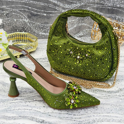 2025 Pointed Toe High Heels Shoes and Bags Set With Rhinestone for Women Wedding Party Elegant Luxury Fashion in Sky Blue