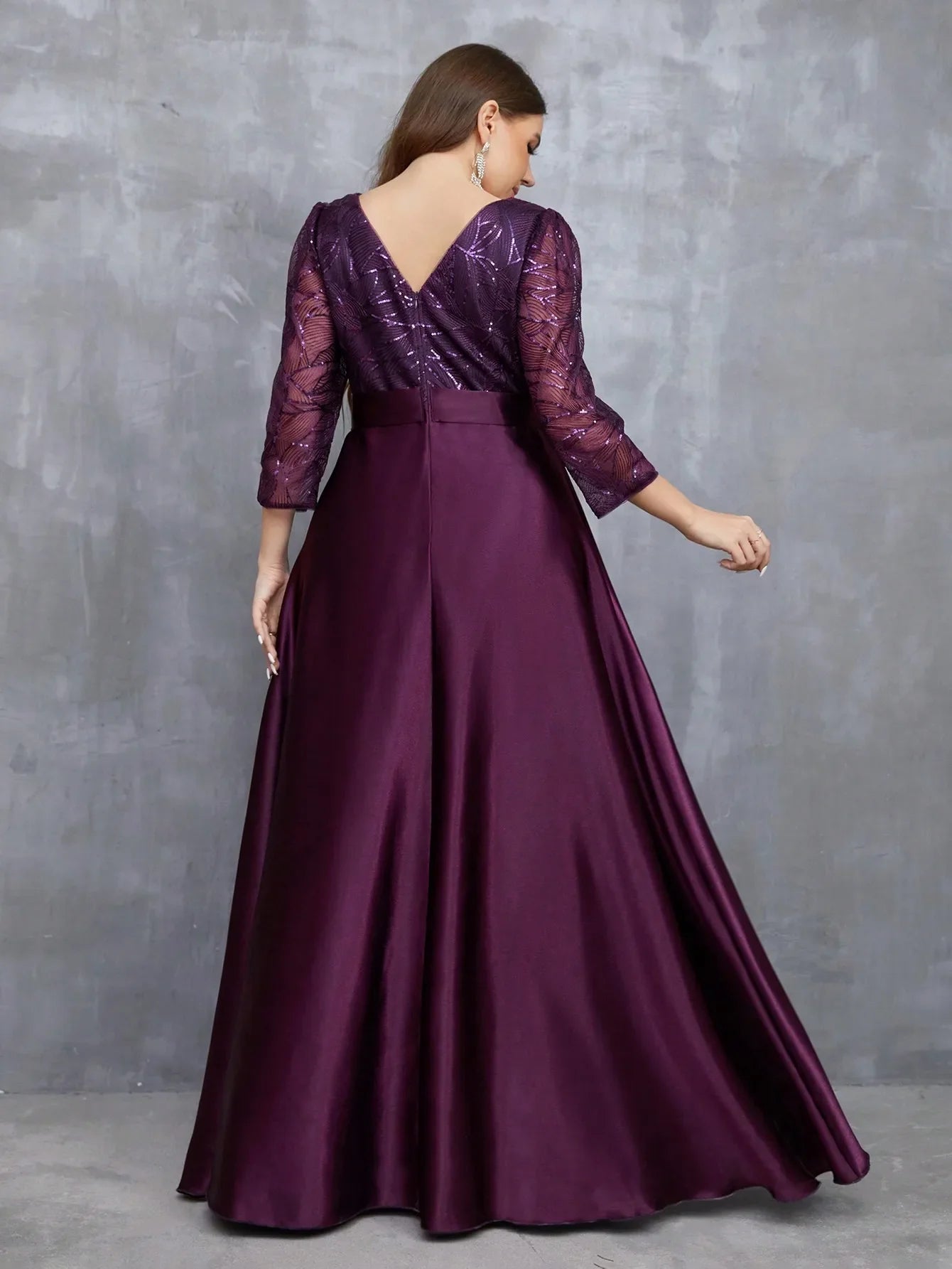 Crew neck long sleeve sequin patchwork satin long gown ball dress Party dress Bridesmaid dress