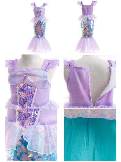 Little Girls Summer Clothing Children Ariel Mermaid Cosplay Blue Green Pink Sunshine Beach Enjoy Vacation Princess Ruffles Dress