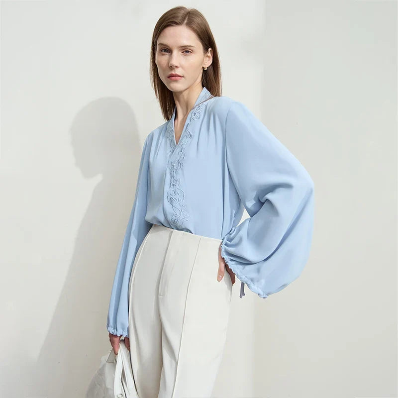 Chiffon Women's Blouse 2025 Autumn New V-neck Letter Embroidered Top Elegant Lantern Sleeve Loose Women's Shirt 12421028