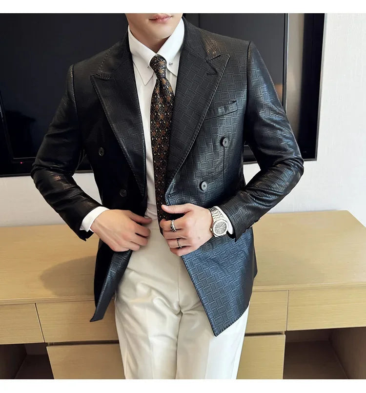 High Quality Square Grid Double Breasted Leather Jacket Fashion Business Slim Fit Casual Men Suit Blazer Tuxedos Men Clothing