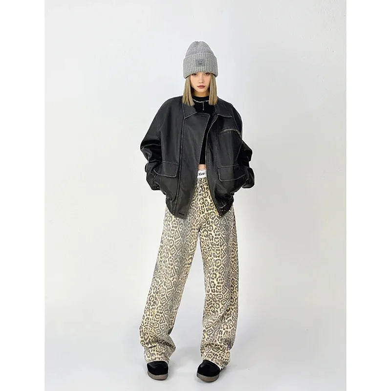 Vintage Leopard Print Jeans Women Spring Oversize Casual Hip Pop Wide Leg Trouser Trend High Waist Panther Denim Pants Ladies