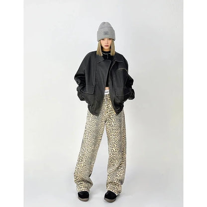 Vintage Leopard Print Jeans Women Spring Oversize Casual Hip Pop Wide Leg Trouser Trend High Waist Panther Denim Pants Ladies