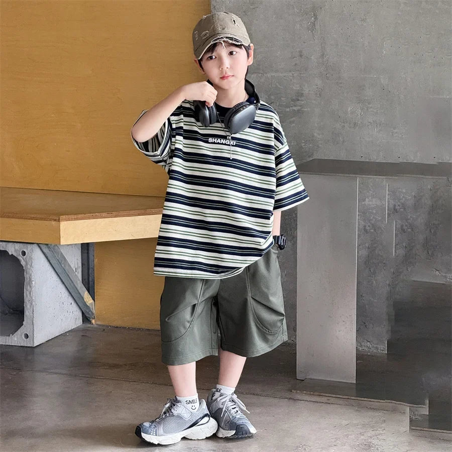 Korean Kids Striped Summer Suit for Boys Top and Bottom Set Children Cotton Short Sleeve T-shirt and Cargo Shorts Clothes Set