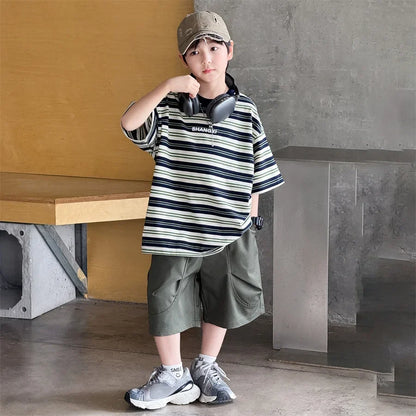 Korean Kids Striped Summer Suit for Boys Top and Bottom Set Children Cotton Short Sleeve T-shirt and Cargo Shorts Clothes Set