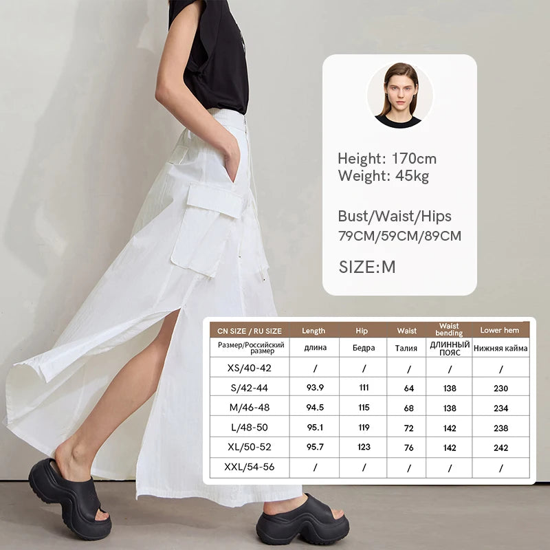 Vacation Long Skirt 2025 Summer Women Loose Sun Protection Office Lady Solid Pockets Elastic Waist Cord Slit Skirt 12542106