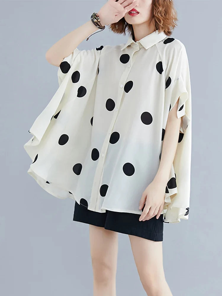 Black Vintage Polka Dot Print Blouse Women New Chiffon Lapel Short Sleeve Loose Casual Shirt Tops Fashion Summer Clothes 2026