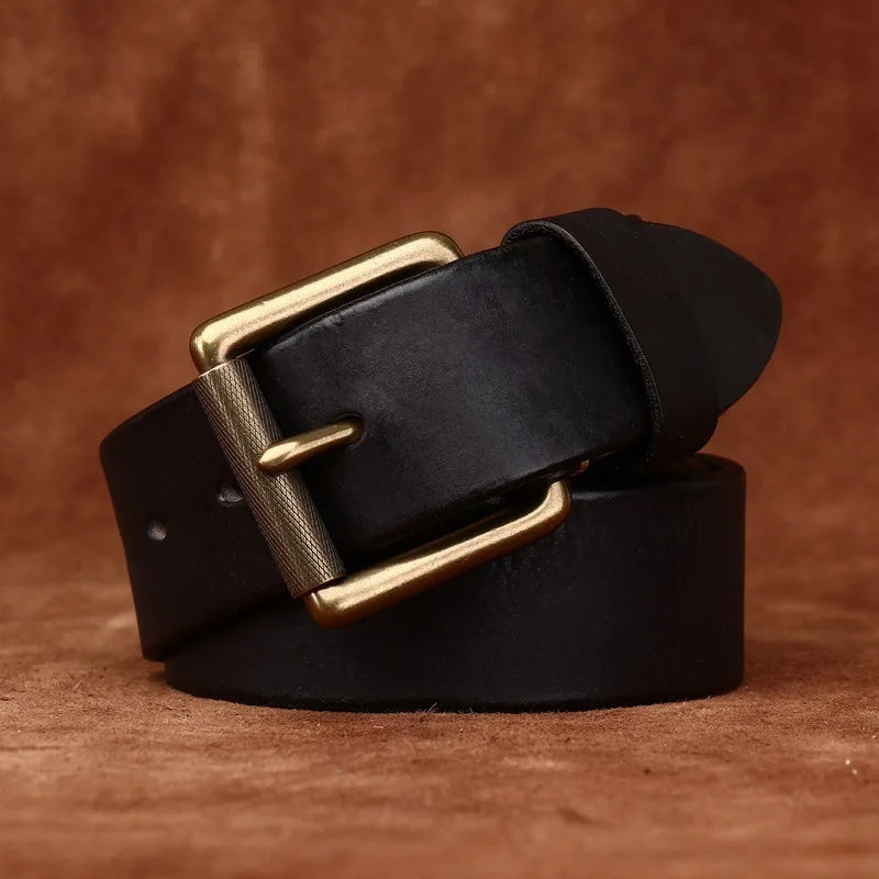 3.8CM Genuine Leather Belt Men Luxury Strap Male Fashion Pure Cowhide Copper Buckle Wild Classic Retro Pin Buckle High Quality