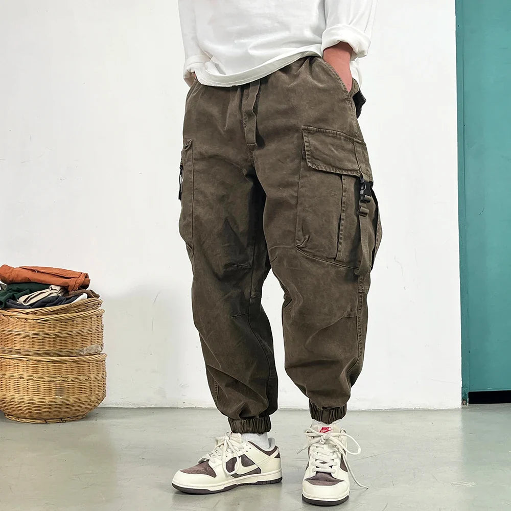High Quality Snow Wash Distressed Cargo Pants Men Korean Fashion Plus Size Harem Pants Streetwear Joggers Casual Baggy Trousers