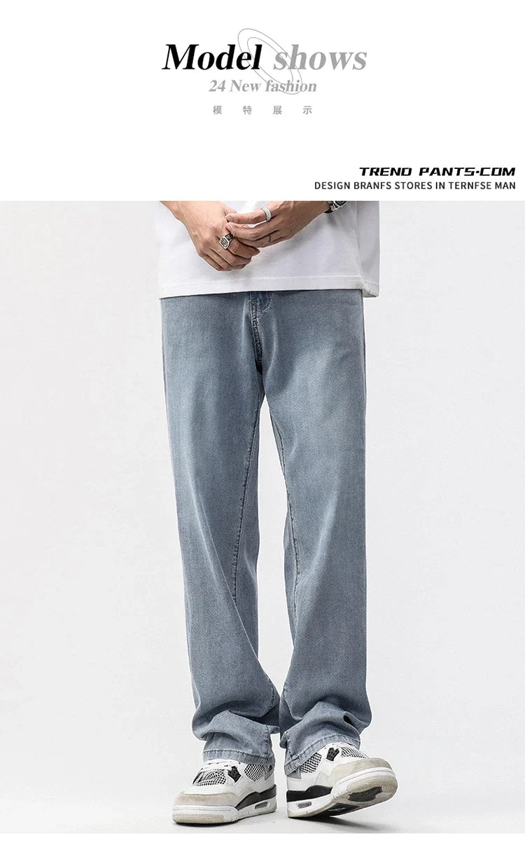 190cm Tall Man Jean Lyocell Wide Leg Denim Pant Male Extra Long Length 115cm 120cm Summer Big Clothes Light Stretch Straight Fit