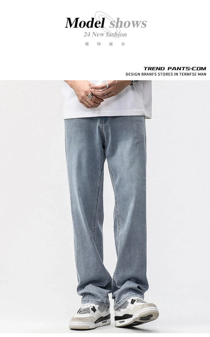 190cm Tall Man Jean Lyocell Wide Leg Denim Pant Male Extra Long Length 115cm 120cm Summer Big Clothes Light Stretch Straight Fit