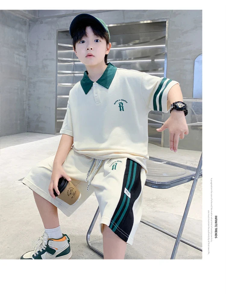 Boys Set Summer Children Clothing Korean Style Costumes Cotton Polo Shirt Shorts 2pcs Kids Casual Outfits Tracksuit Age 5-14 Y