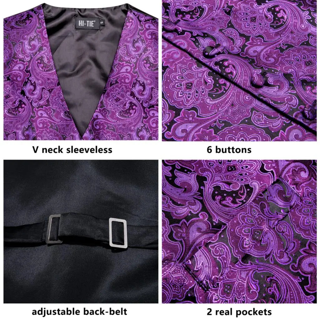 Purple Silk Mens Waistcoat Tie Set Sleeveless Jacket Suit Vest Necktie Hanky Cufflinks Wedding Business Oversized