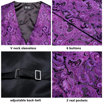 Purple Silk Mens Waistcoat Tie Set Sleeveless Jacket Suit Vest Necktie Hanky Cufflinks Wedding Business Oversized