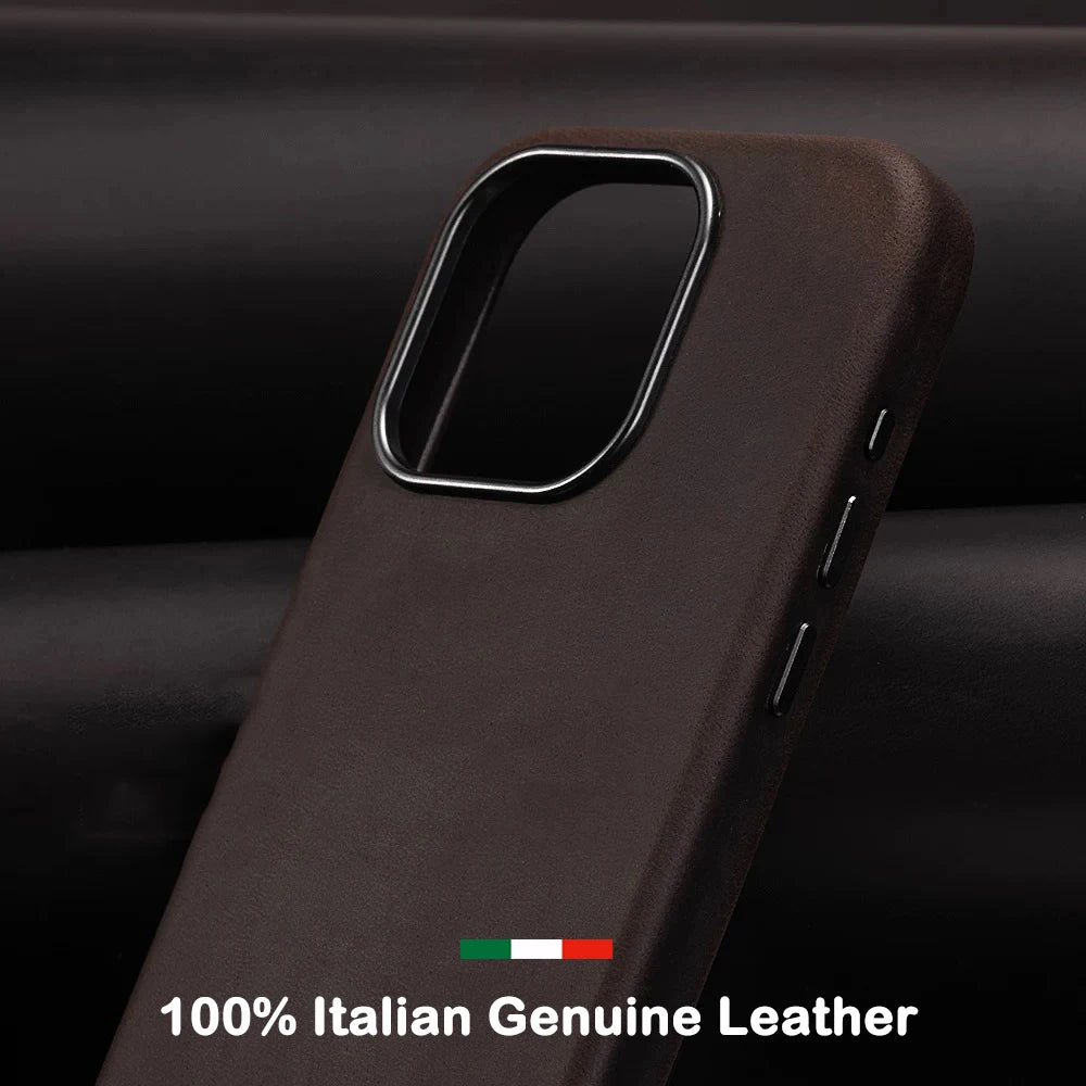 Italian Crazy Horse Genuine Leather Case for iPhone 16 15 17 Pro Max Magnetic Cases Personality Cowhide with MagSafe Phone Cover