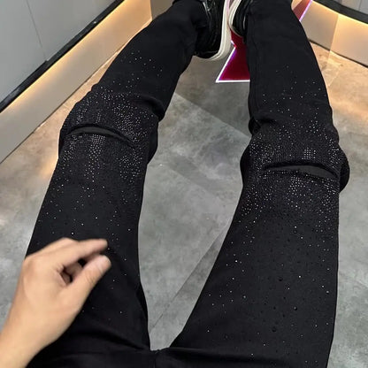 Korean Luxury Clothing Hot Diamonds Cowboy Pants Men 2025 Black Men's Slim HOLE Jeans Spring Autumn Denim Distressed Trousers