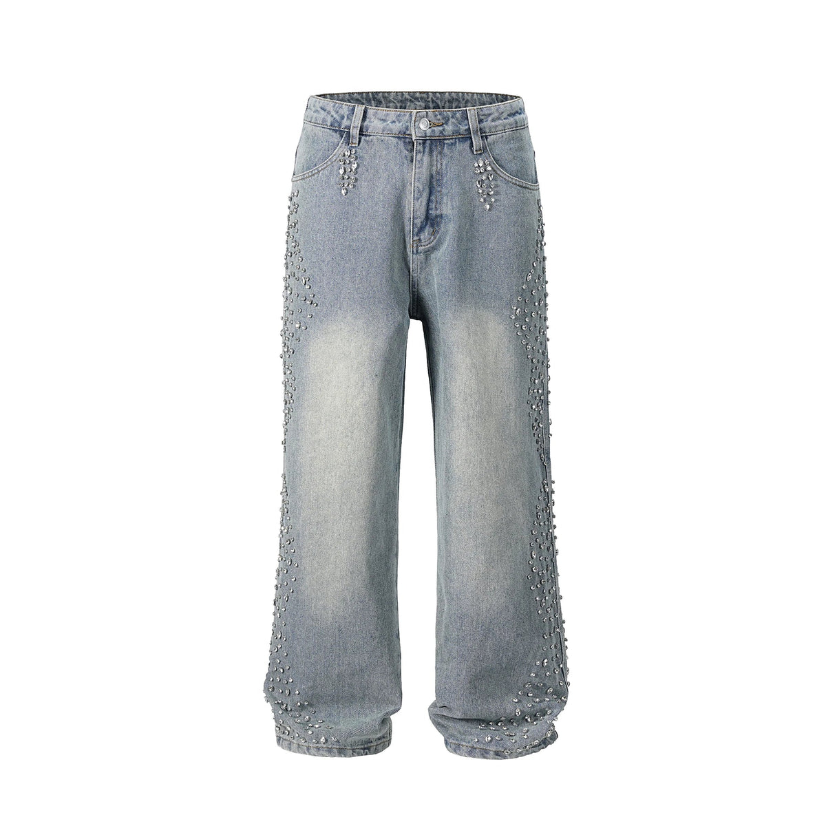 Full Rhinestone Print Washed Blue Baggy Jeans Mens and Women Ropa Hombre Streetwear Solid Casual Denim Trousers Loose Cargos
