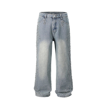 Full Rhinestone Print Washed Blue Baggy Jeans Mens and Women Ropa Hombre Streetwear Solid Casual Denim Trousers Loose Cargos