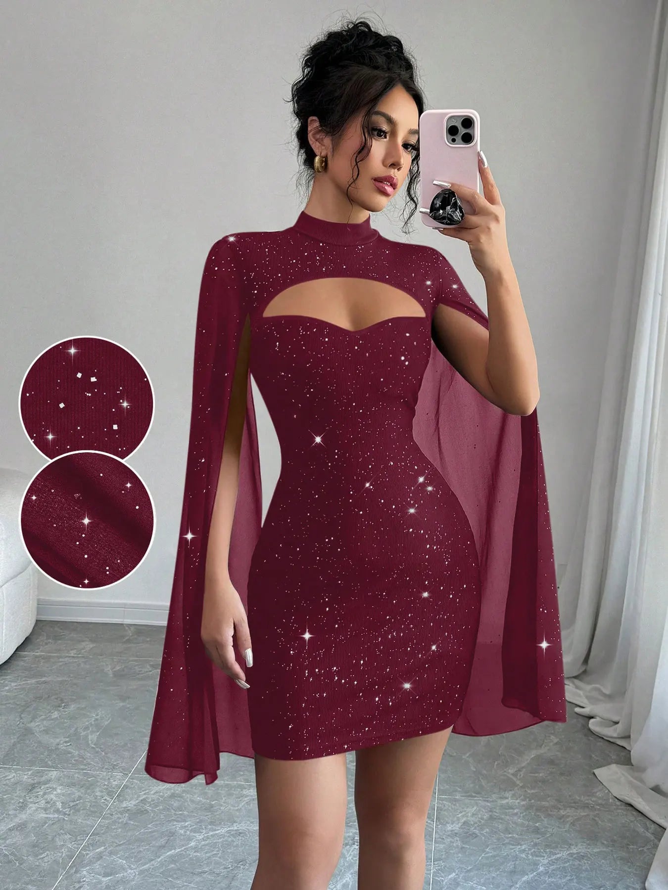 Sexy Women's Stand Collar Cape Mini Dress Sequins Sparkling Club Party Night Out Fitted Bodycon Elegant Autumn Winter