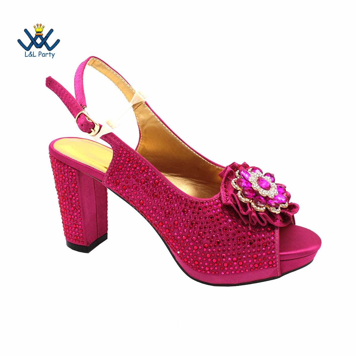 2022 Sweet  Special Design Women Crystal Style African Ladies Party Shoes Matching Bag in Magenta Color