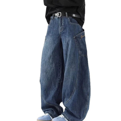 Korean Retro Men'S Jeans Fashion Large Pocket Design Curved Knife Jeans Straight Leg Pants Letter Embroidered Baggy Jeans Y2k