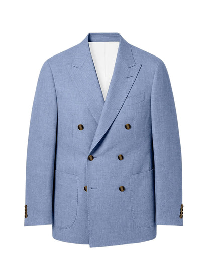 Men's Linen Double Breasted Blazer Peak Lapel Casual Business Suit Jacket With Patch Pockets For Daily Office Wear