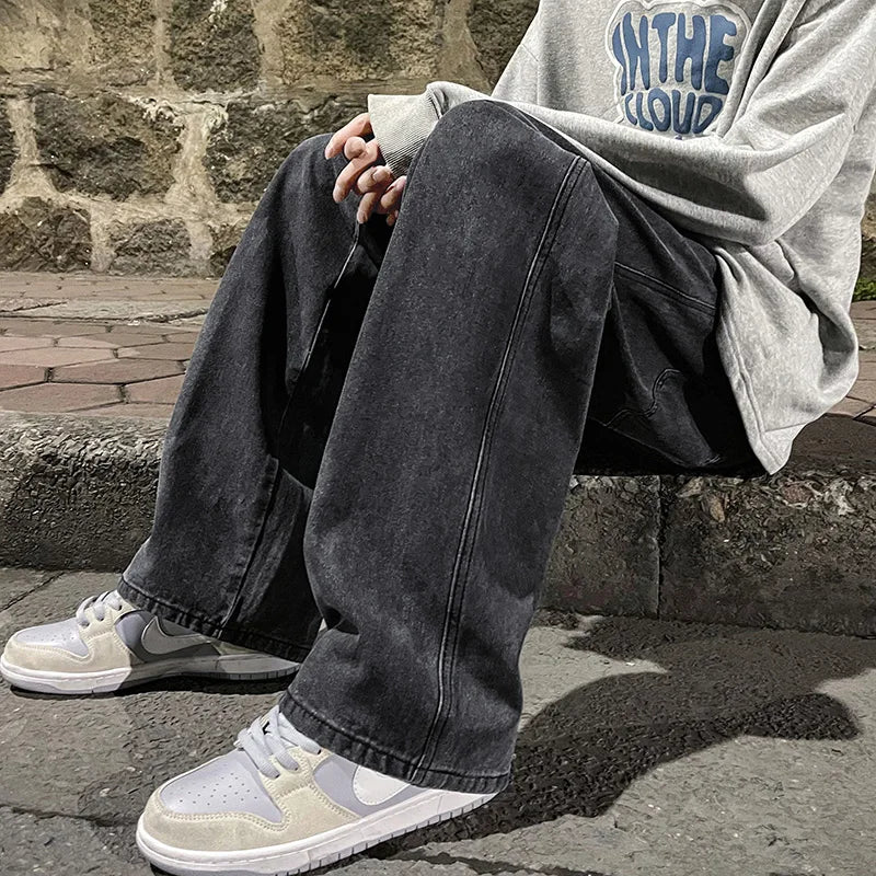 2026  Men's Jeans Korean Version Student Casual Pants High Street Straight Loose Wide Leg Jeans Black Grey  Blue Baggy Jeans