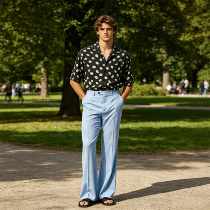Men's High Waist Flared Pants Linen Blend Slim Fit Bell Bottoms Trousers Lightweight Breathable 70s 60s Disco Vintage Outfits
