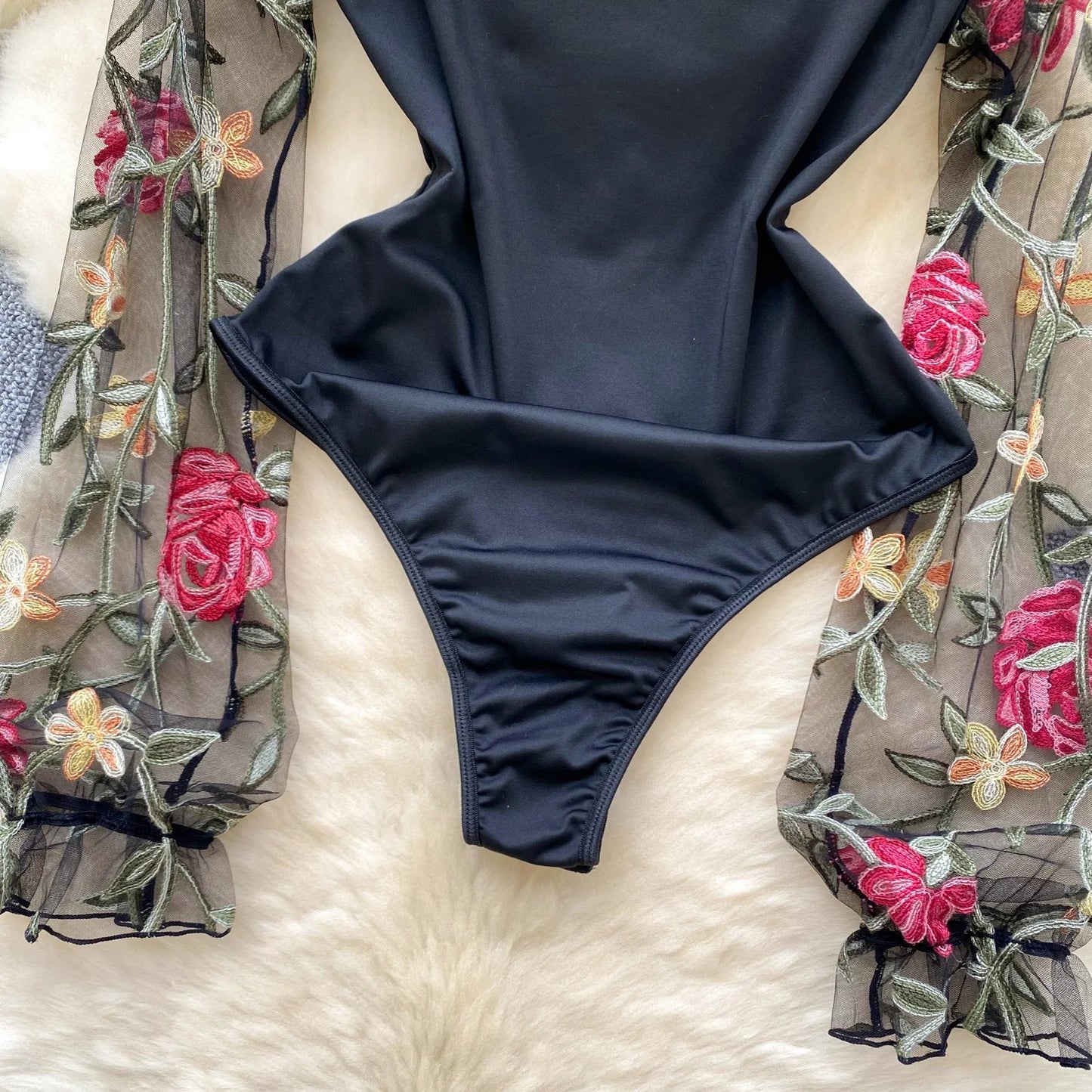 Vintage Embroidery Gauze Sexy Bodysuits Stand Collar Long Sleeve Playsuits Fashion Spliced Women Open crotch Rompers
