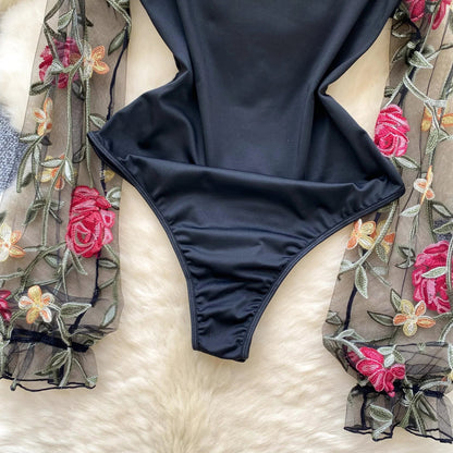 Vintage Embroidery Gauze Sexy Bodysuits Stand Collar Long Sleeve Playsuits Fashion Spliced Women Open crotch Rompers