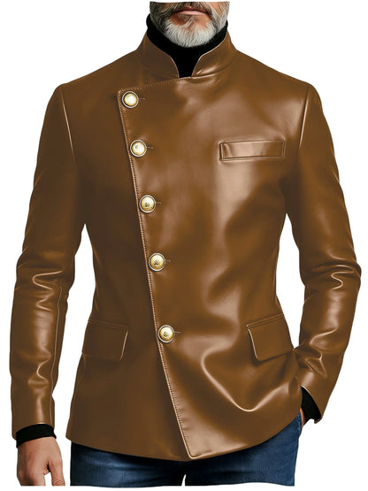Vintage Men's PU Leather Blazer Slim Fit Double Breasted Stand Collar Jacket Gold Button Business Casual Wedding Prom Suit Coat