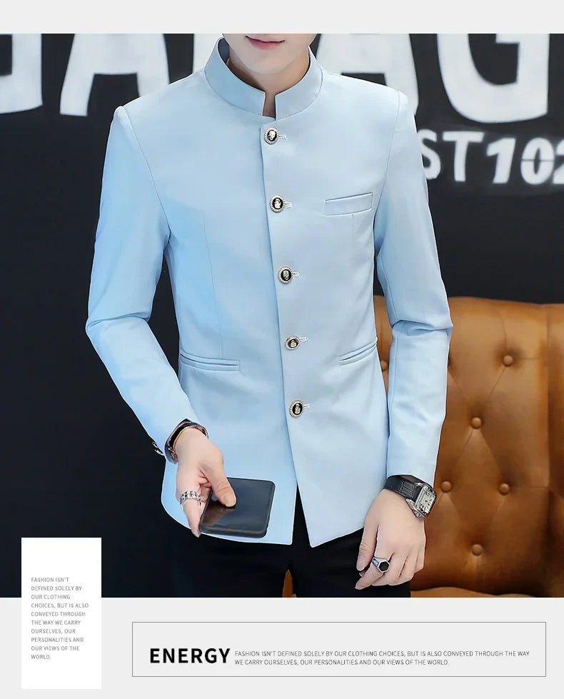 2024 Men's Slim Fit Long Sleeve Casual Suit Korean Trend Stand Collar Fashion Handsome Male Suit