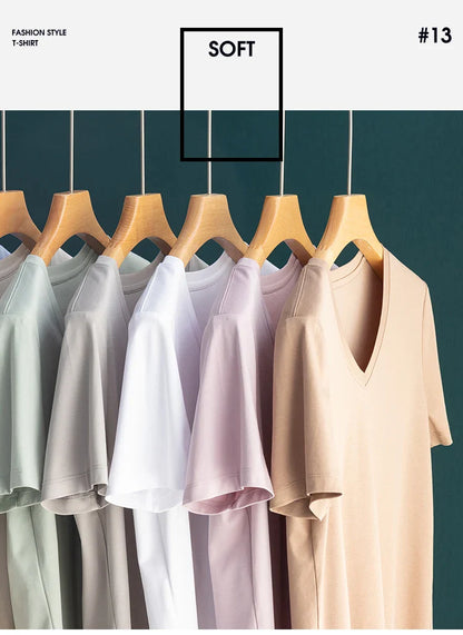 6% Real Silk Cotton Modal Women's T-shirt 2026 Summer Tees Short Sleeve Solid Tee Shirts V-neck Casual Woman Basic T shirt Tops