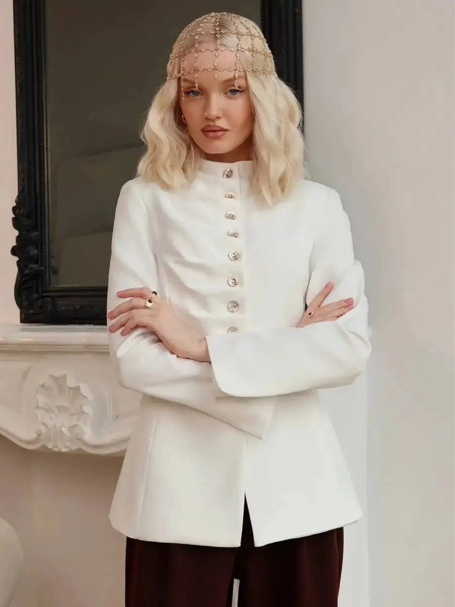Women 2026 Spring Autumn Mandarin Collar Blazer Ruched Front Multi Row Buttons Long Sleeve Fit Formal Office Outerwear Coat