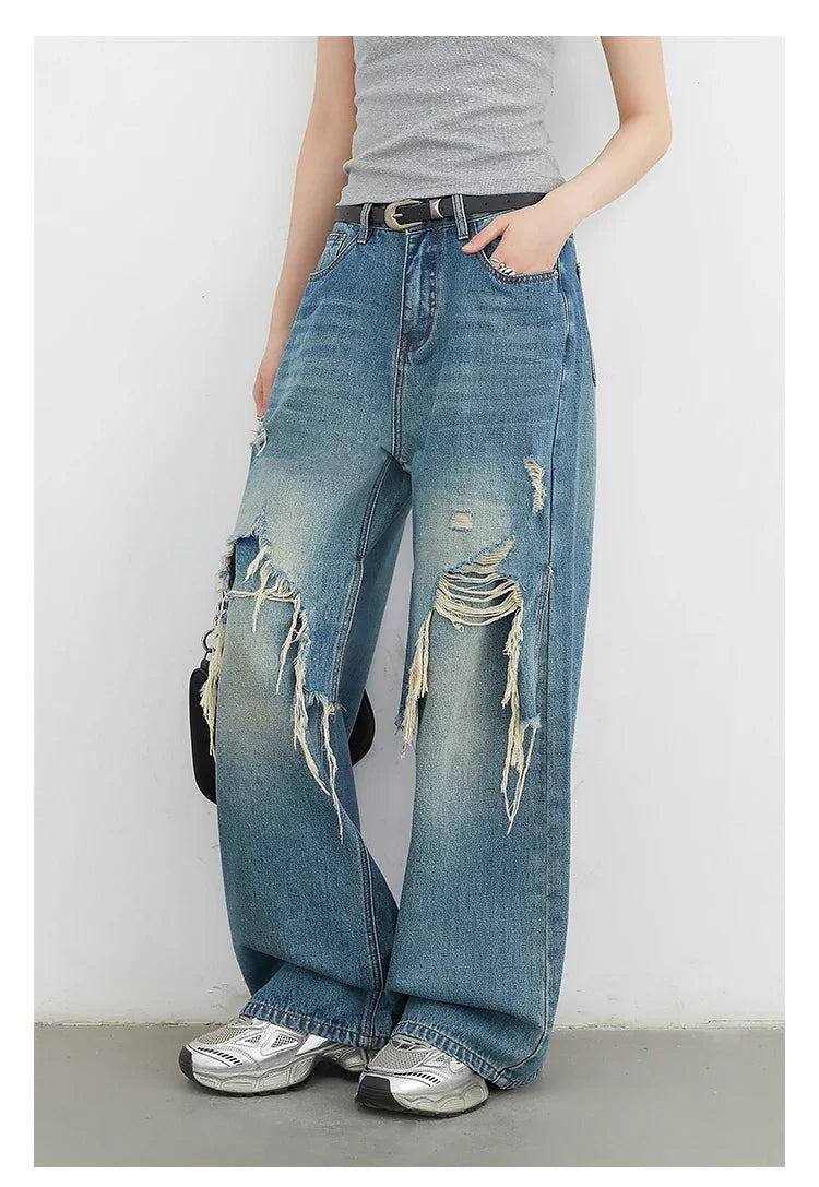 Women Jeans Loose Casual High Waisted Wide Leg Ripped Rough Edge Denim Pants Female Trousers Spring Autumn 2025