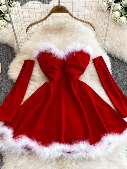 Women's Christmas Dress Sexy Low-cut Waist Thin Big Pendulum Fluffy Splicing Suspender Tube Ling Dress Red
