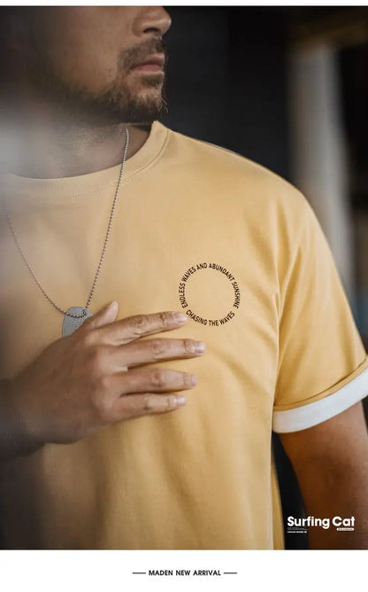 Vintage Foam Print Short Sleeves T-Shirt Men's Summer Heavyweight Yellow Cotton Tee Loose Fit Crew Neck Casual Street Tops