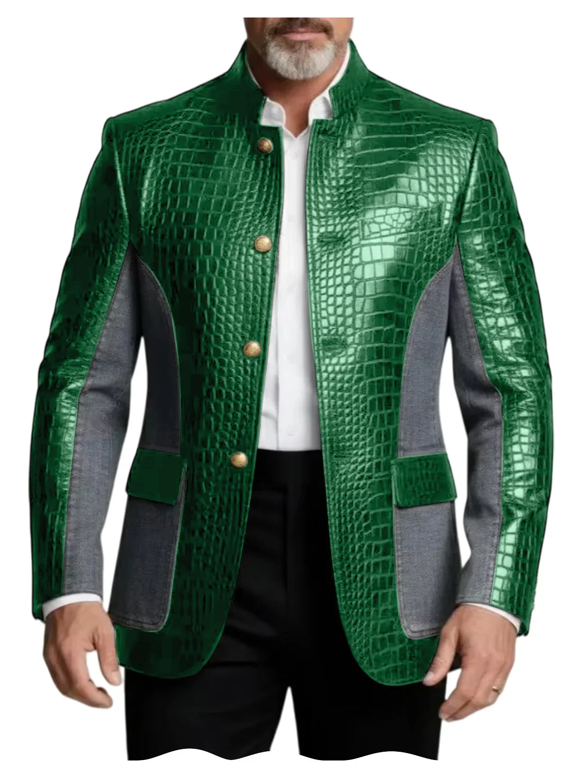 Men's Crocodile Embossed Leather Brown Jacket Patchwork Denim Stand Collar Slim Fit Luxury PU Blazer For Business Casual Party