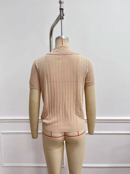 Women's short-sleeved button-down slim-fit pullover sweater with polo collar and Peter Pan collar, new spring/summer top.