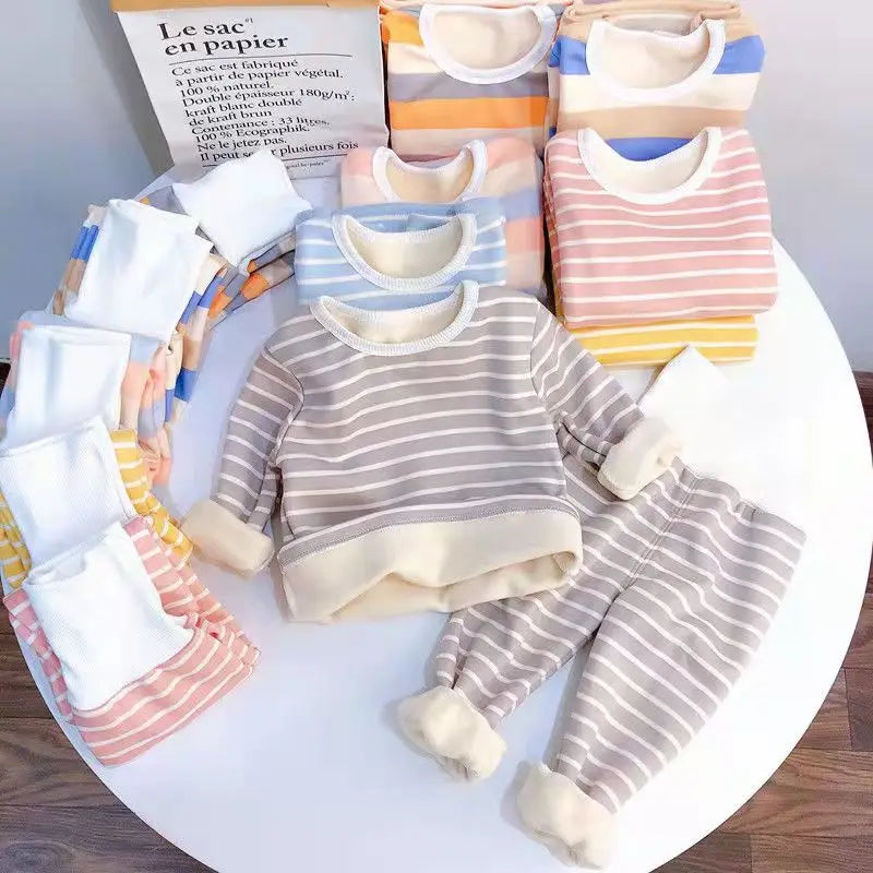 Baby Kids Thermal Underwear Suit Winter Pajamas Thick Plush Children Clothes Set High Waist Autumn Infant Girl Boy Homewear
